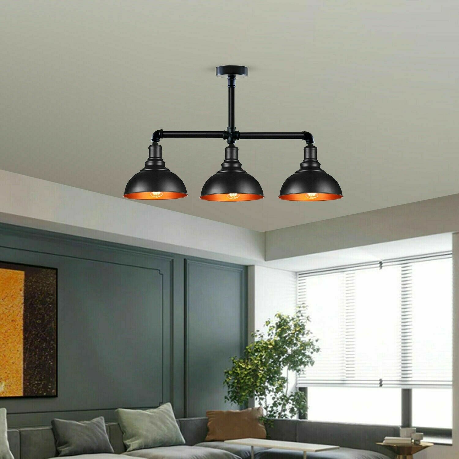 Industrial Vintage Retro Ceiling Pipe Light Black Dome Shade E27 UK Flush Lights~3732 - LEDSone UK Ltd