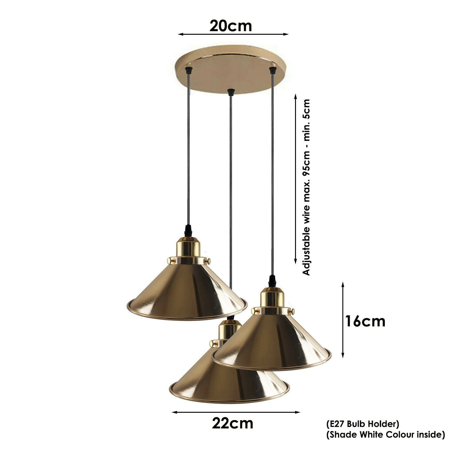Modern Industrial French Gold Hanging Ceiling Pendant Light Metal Cone Shape Indoor Lighting For Bed Room, Kitchen, Living Room~1171 - LEDSone UK Ltd