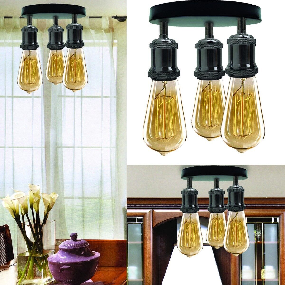 A+ Modern Black Metal Semi Flush Shiny Black 3 way ceiling light Fitting Dining Room Lights~3718 - LEDSone UK Ltd
