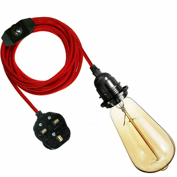 4m stoffen kabel UK rode stekker in hanglamp lamphouder schakelaar~3752