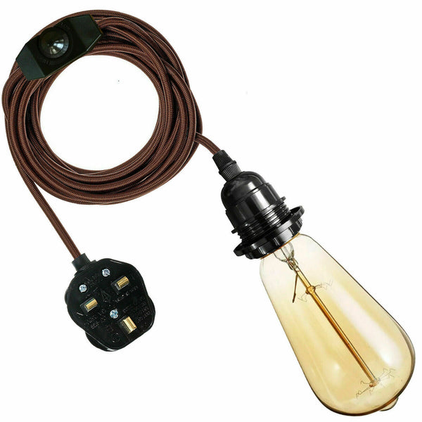4M stoffen flexkabel UK Bruine kleur Plug-in hanglampset E27-lamphouder + schakelaar ~ 3750