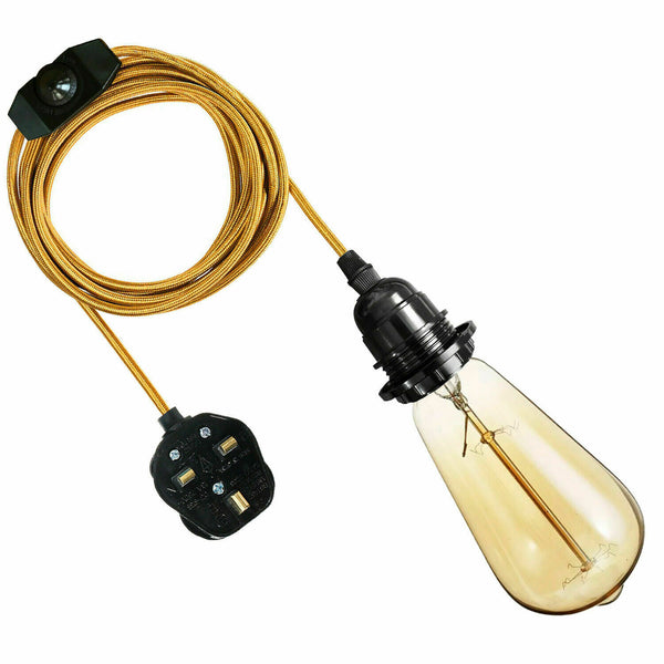 4M stoffen flexkabel UK goudkleurige plug-in hanglampset E27-lamphouder + schakelaar ~ 3749