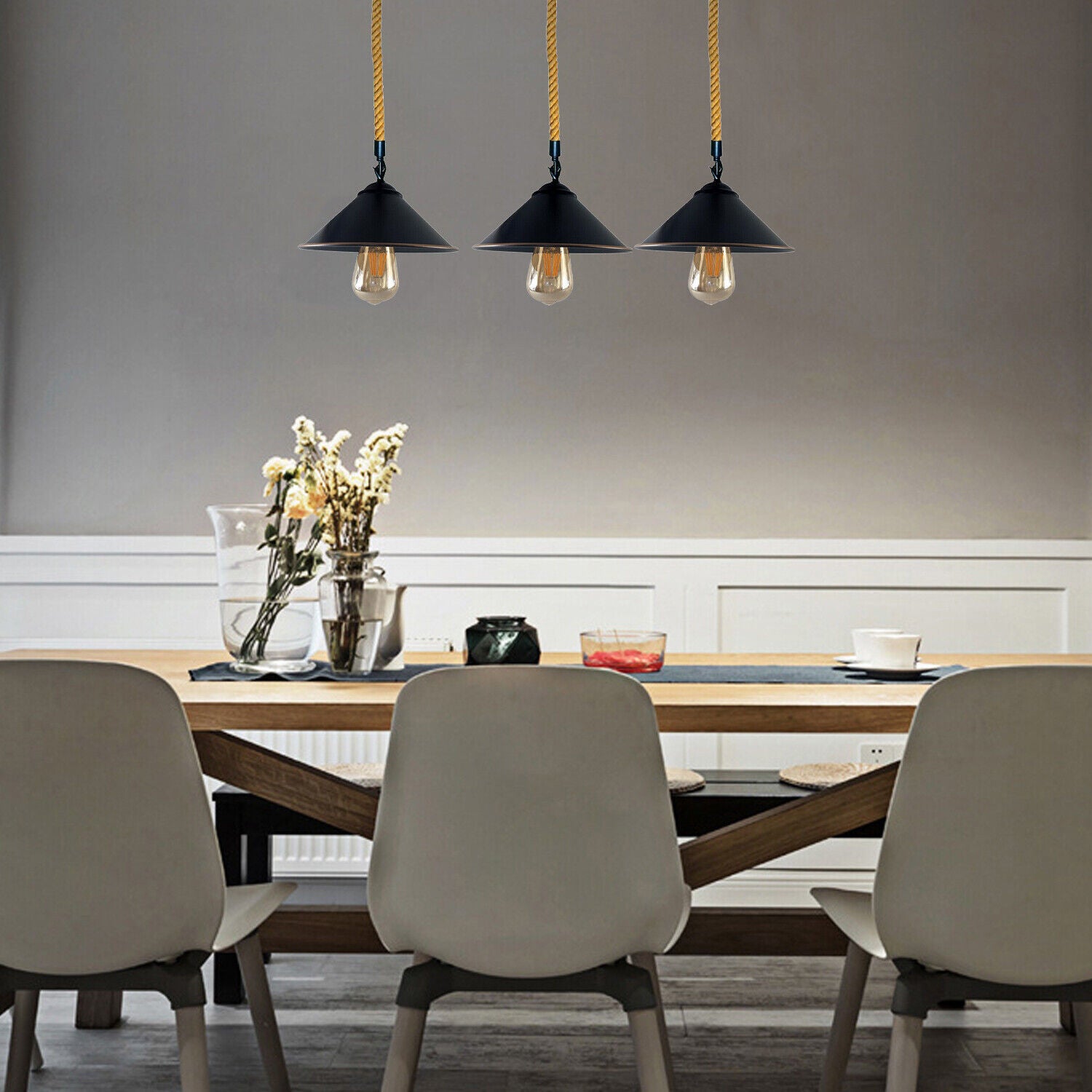 Vintage Retro Industrial Loft Cone Hemp rope 3 head Pendant Light Retro Lamp