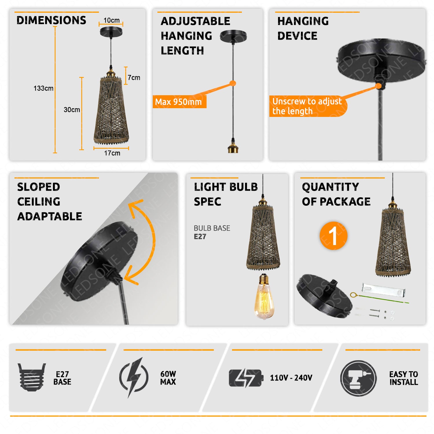 Natural Rattan Style Ceiling Pendant Light Shade E27 Base Handmade Chandeliers Hanging Lights 