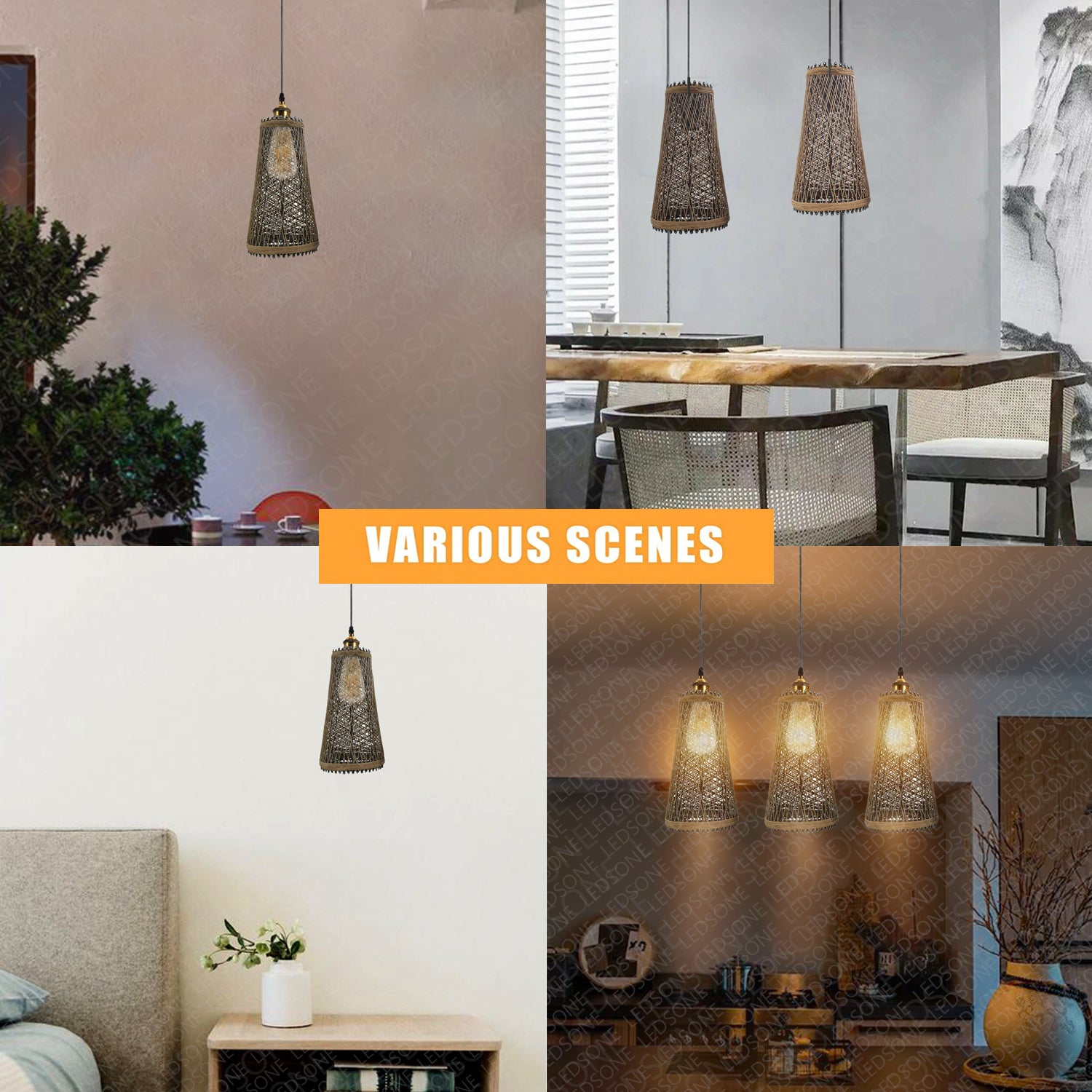 Natural Rattan Style Ceiling Pendant Light Shade E27 Base Handmade Chandeliers Hanging Lights 