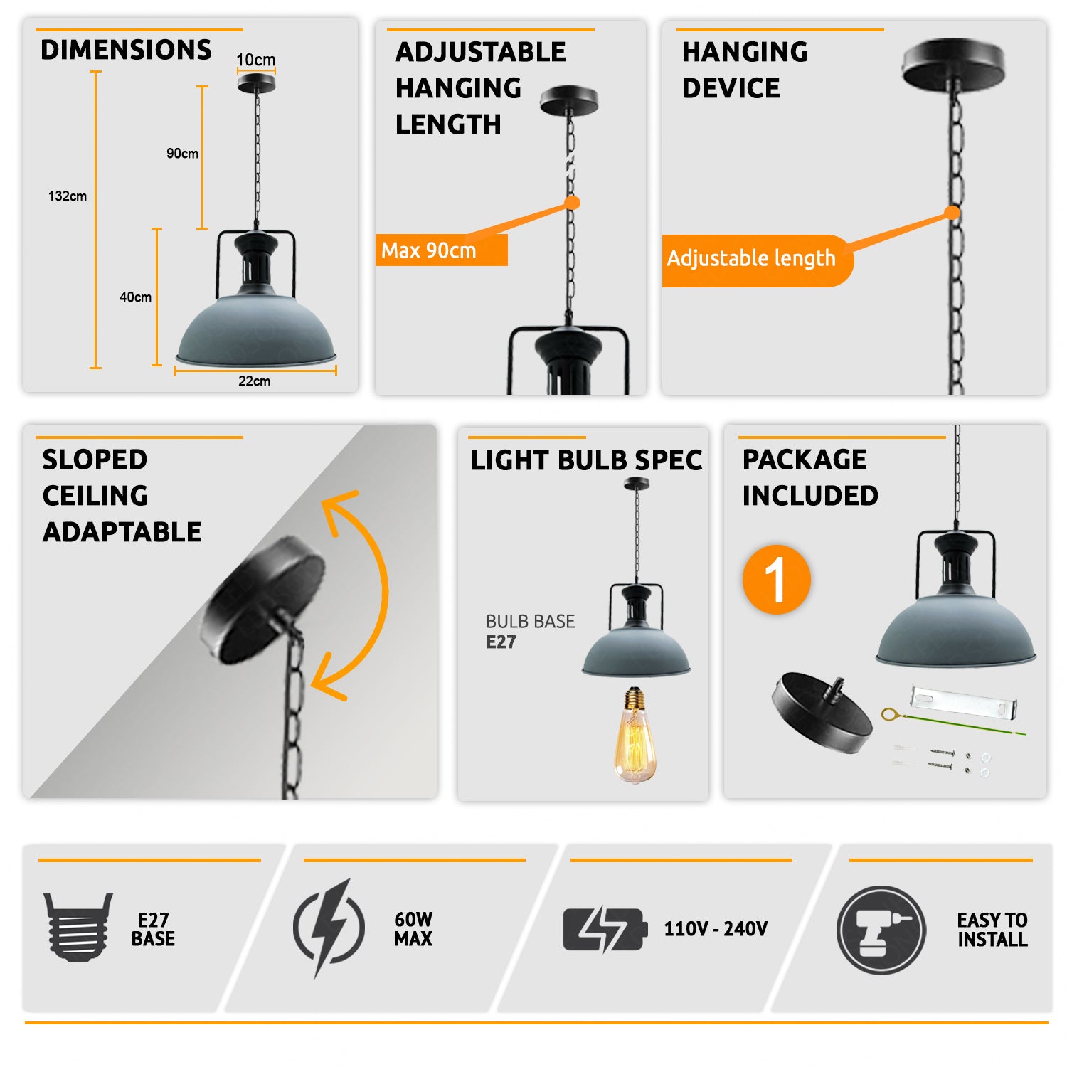 Industrial Metal Pendant Lighting E27 Adjustable Ceiling Hanging Light Fixtures with Metal Lampshades for Kitchen Bedroom Hallway Island Lights