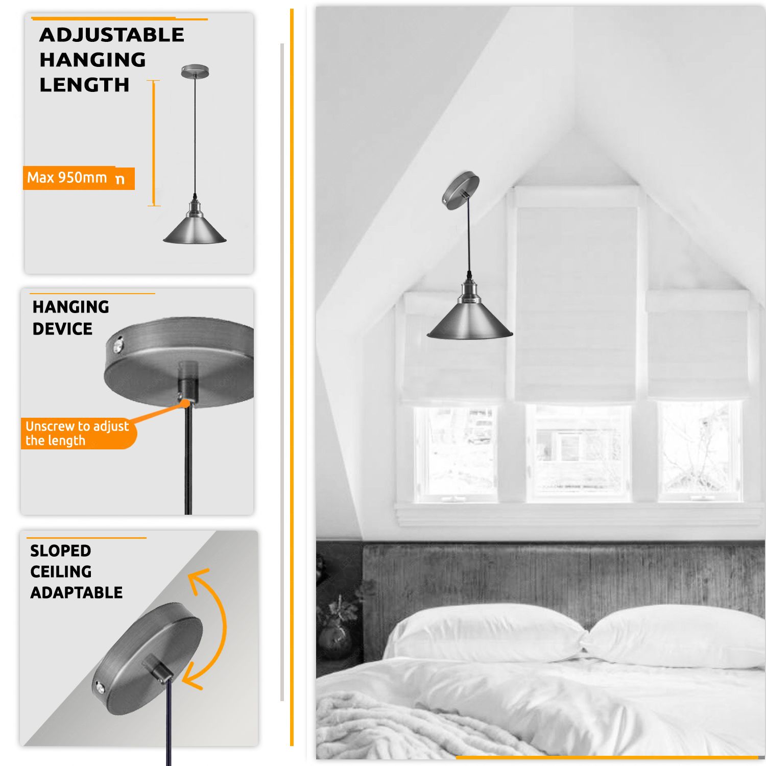 Vintage Pendant Ceiling Lighting Fixture with Metal cone Lampshade, E27, Hanging Lights, Ceiling Lamps for Kitchen, Hallway, Lantern, Dining Room, Bedroom, restaurant