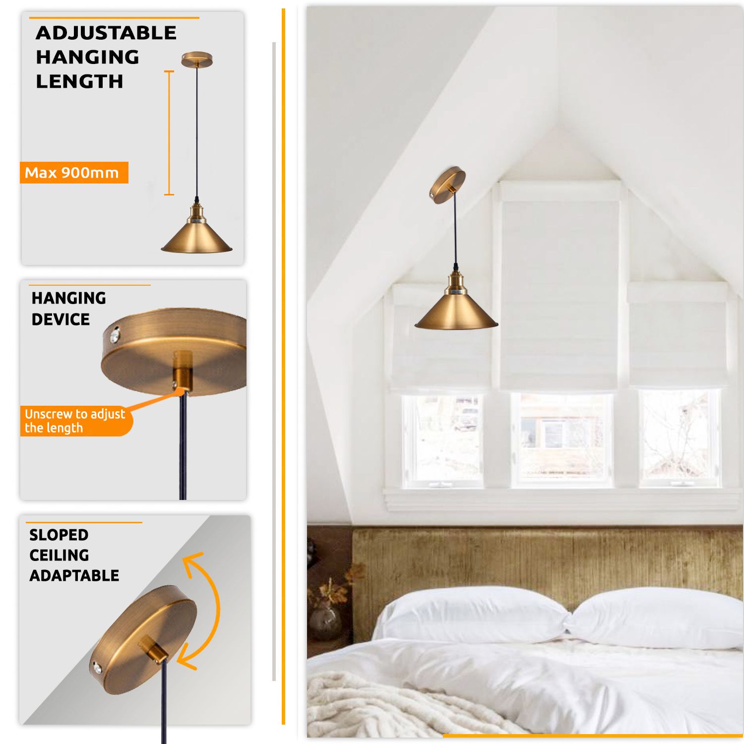 Vintage Pendant Ceiling Lighting Fixture with Metal cone Lampshade, E27, Hanging Lights, Ceiling Lamps for Kitchen, Hallway, Lantern, Dining Room, Bedroom, restaurant