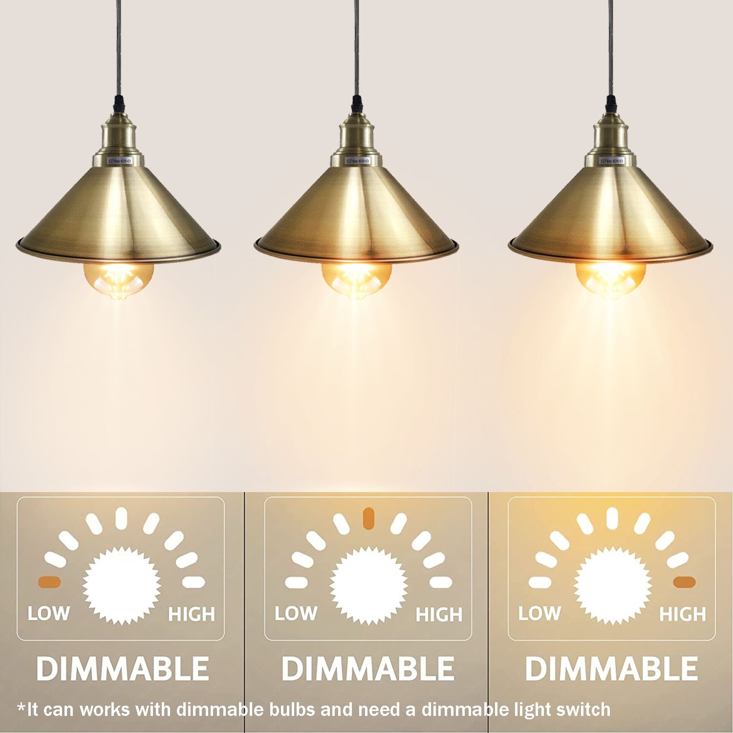 Vintage Pendant Ceiling Lighting Fixture with Metal cone Lampshade, E27, Hanging Lights, Ceiling Lamps for Kitchen, Hallway, Lantern, Dining Room, Bedroom, restaurant