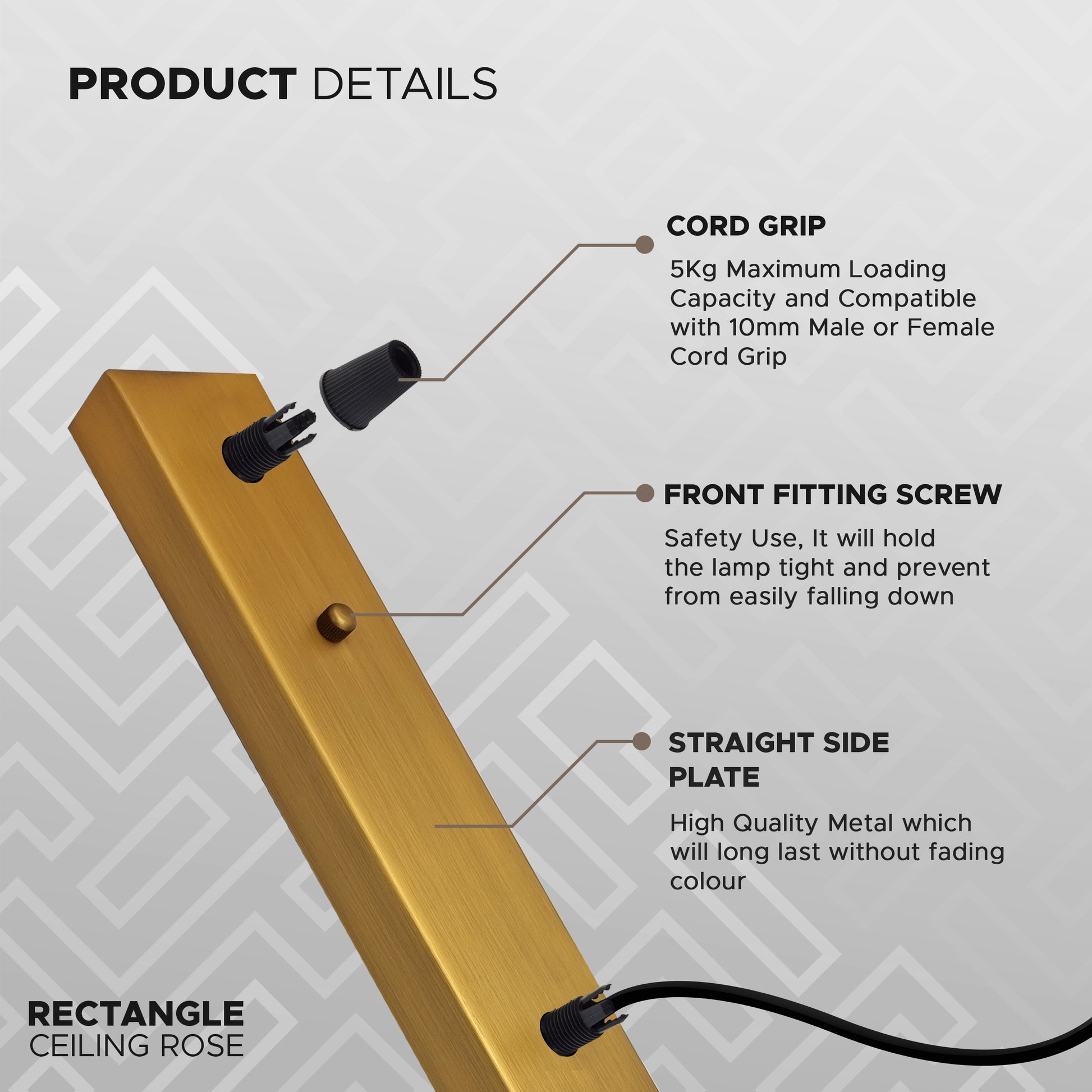 3 Outlet Ceiling Rose Pendant Lighting Fixture 500 mm x 60 mm Modern Industrial Metal Fitting Ceiling Plate with Accessories with earth tag for Ceiling and Wall Lamp