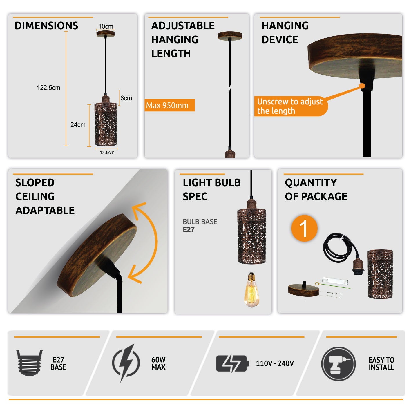 Industrial Pendant Lighting, Adjustable E27 Metal Cage Hanging Light Fixtures for Kitchen Island Dining Room Hallway Entryway Bar. 