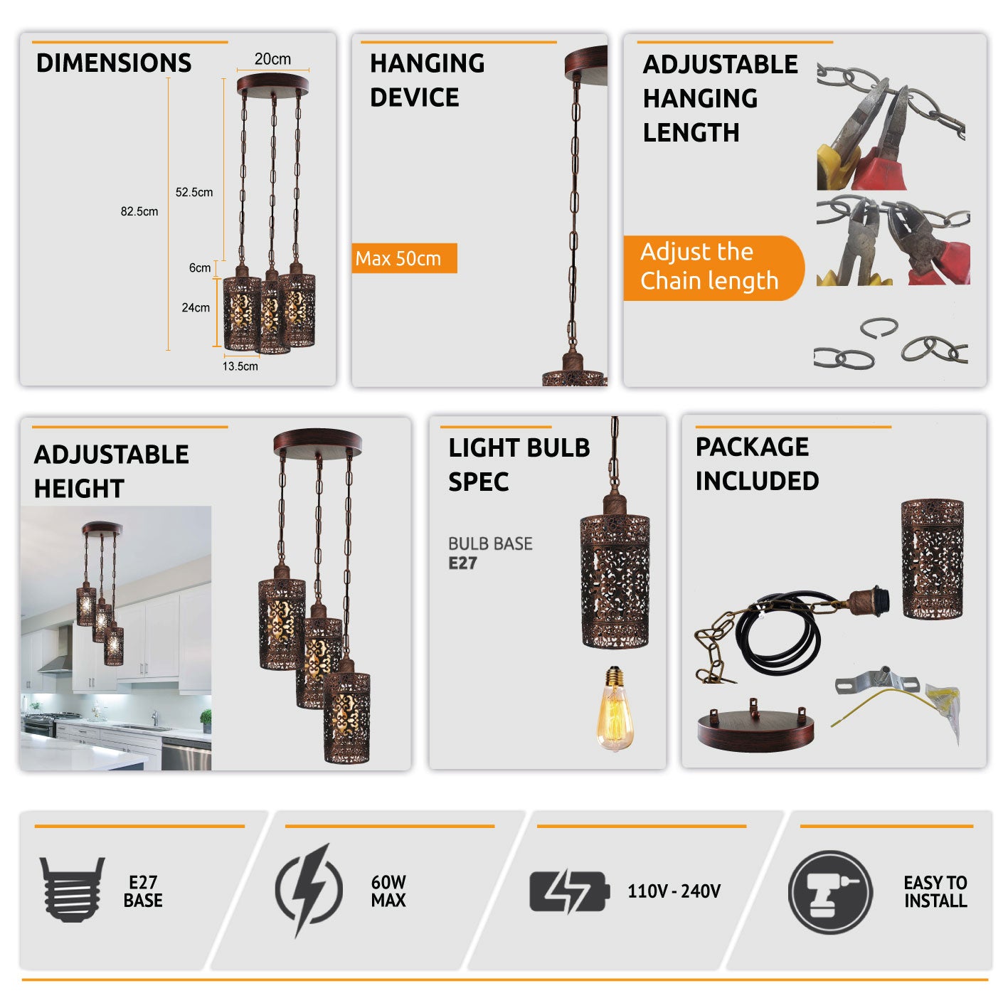 pendant light 3-way Round ceiling base brushed finished Metal Ceiling Lamp Shade Pendant E27 lamp base for Home Living room Office Kitchen Restaurant