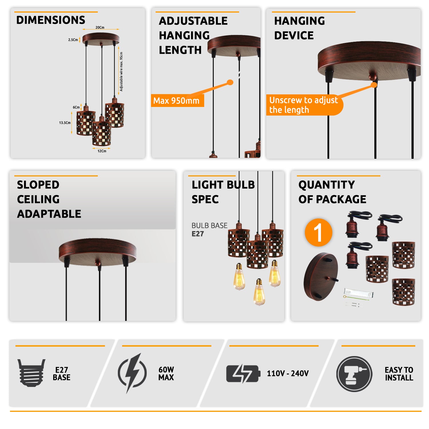 Industrial Retro pendant light 3 way Round ceiling base brushed finished Metal Ceiling Lamp Shade Pendant E27 lamp base for Home Living room Office Kitchen Restaurant