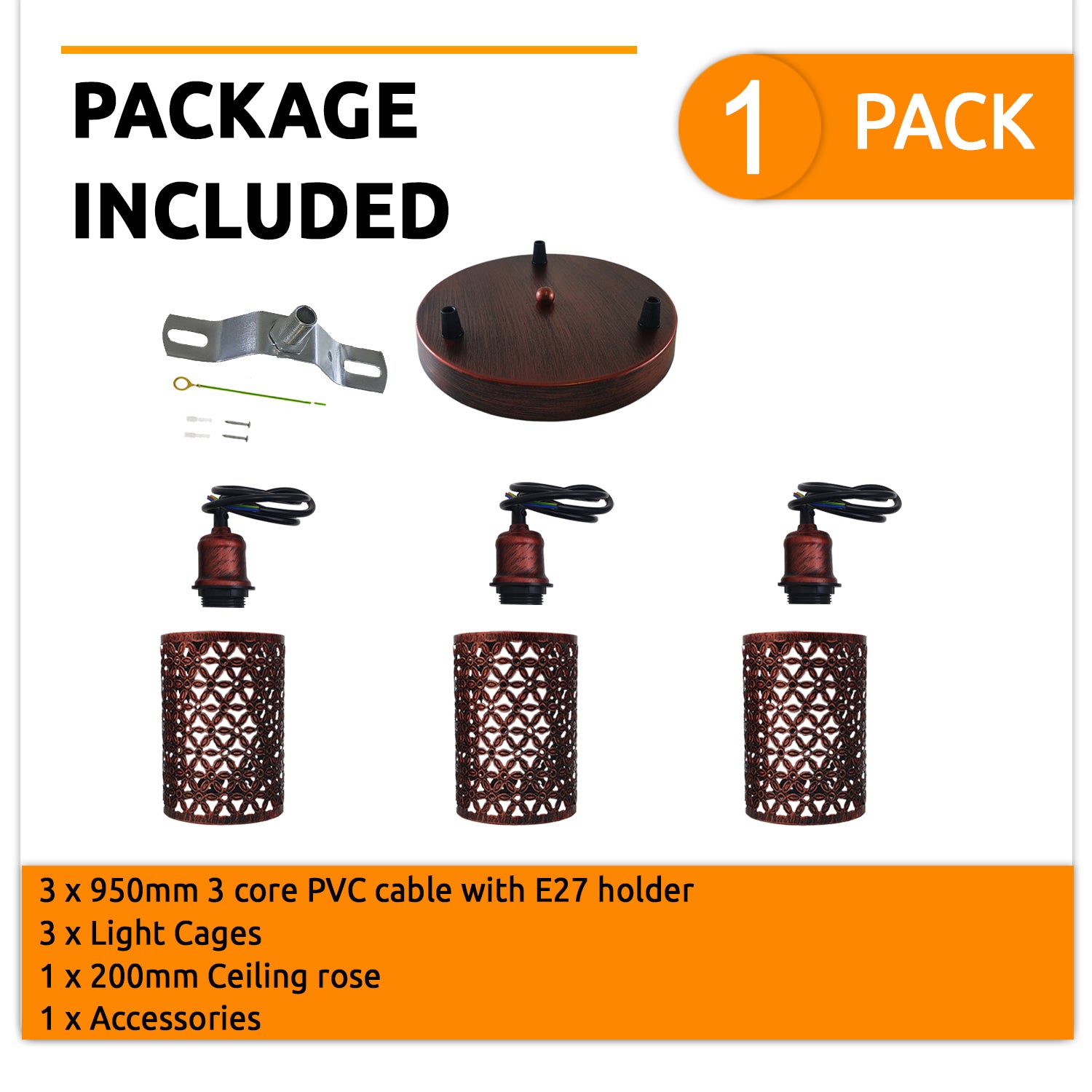 Industrial Retro 3 Way metallic Round Ceiling Pendent Lamp Shade