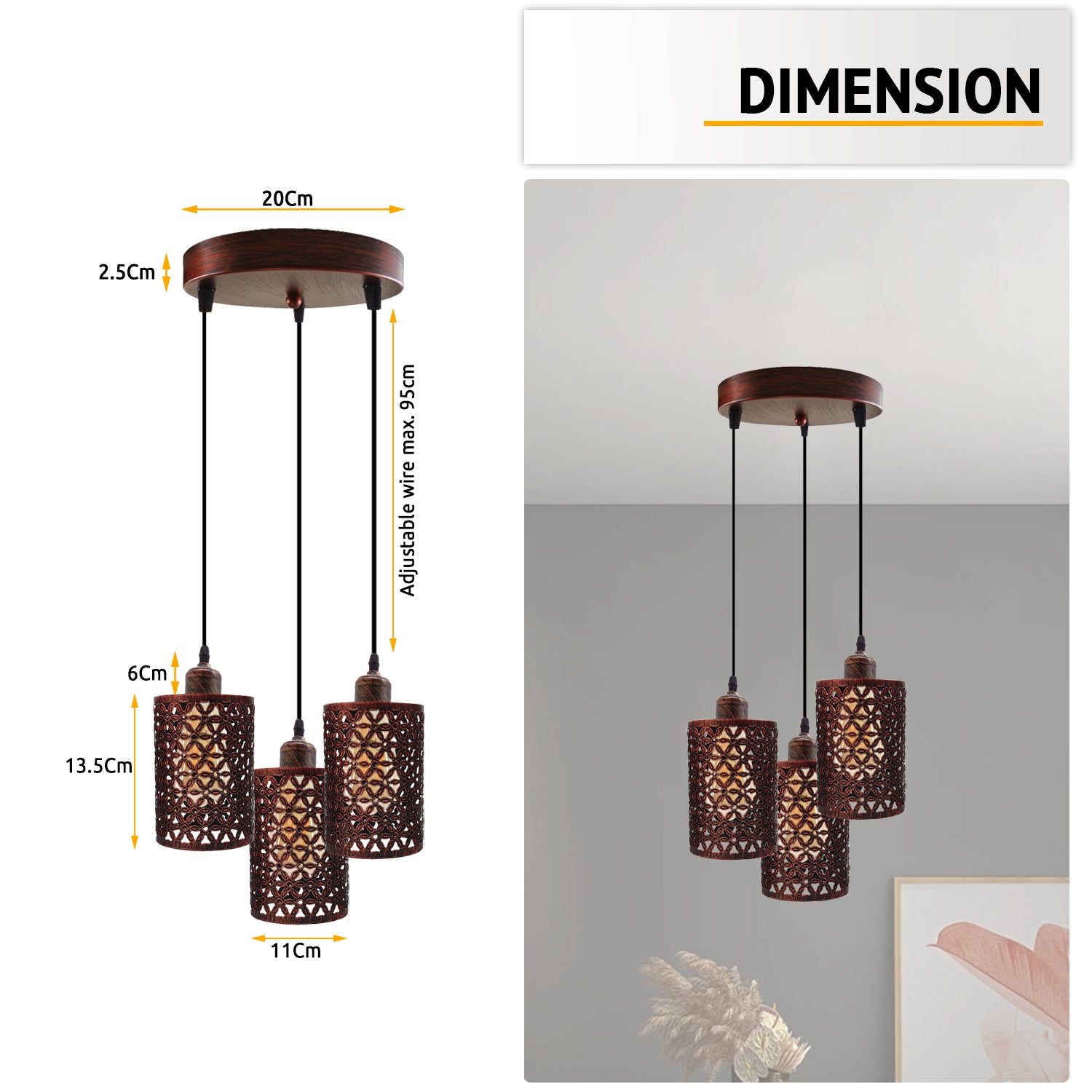 Industrial Retro 3 Way metallic Round Ceiling Pendent Lamp Shade