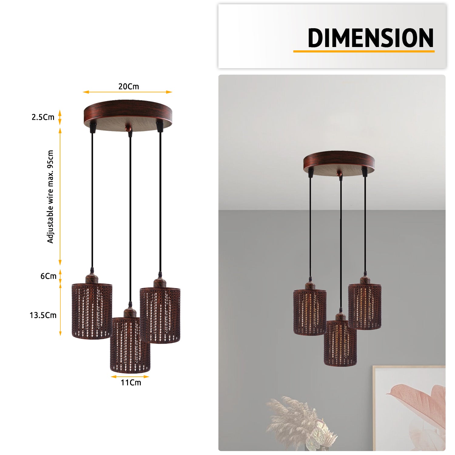 Industrial Retro pendant light 3 way Round ceiling base brushed finished Metal Ceiling Lamp Shade Pendant E27 lamp base for Home Living room Office Kitchen Restaurant