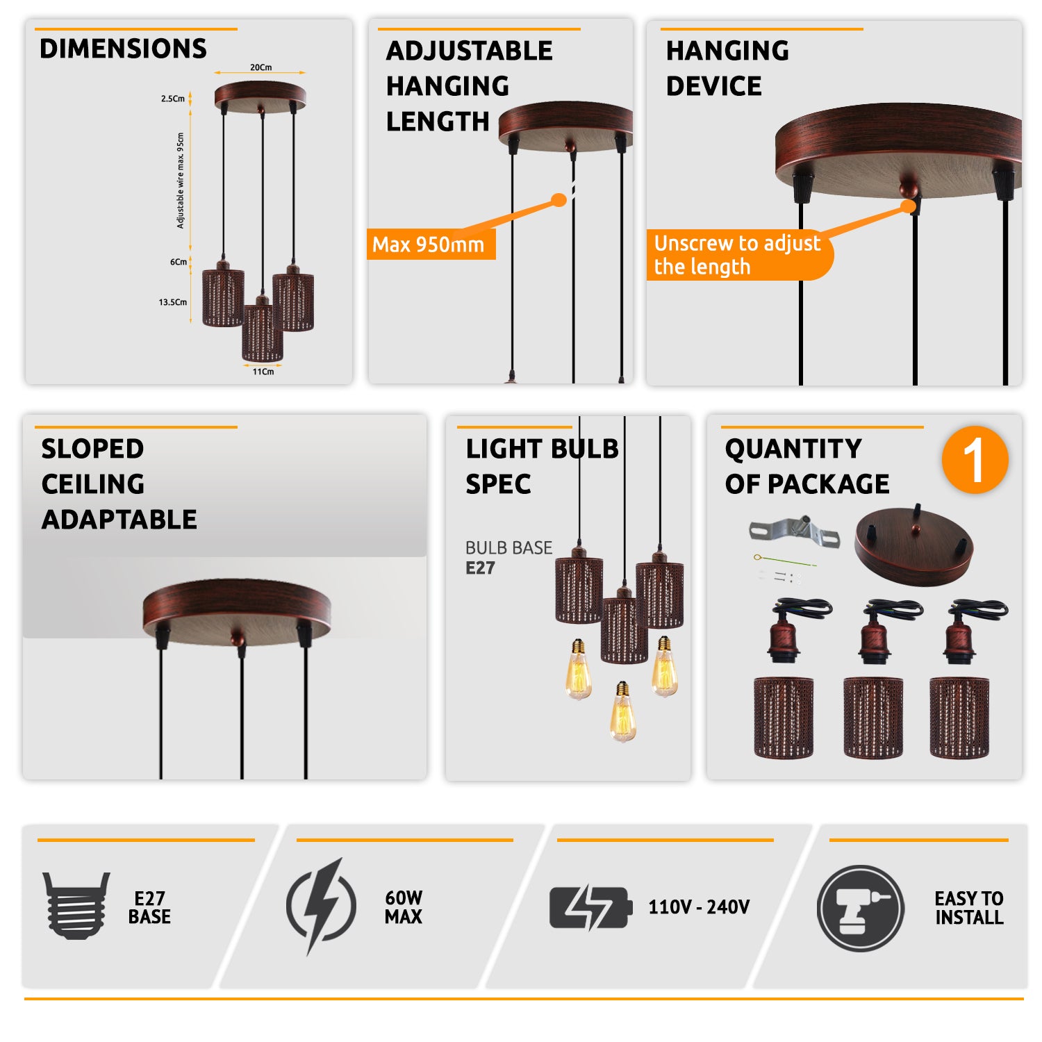 Industrial Retro pendant light 3 way Round ceiling base brushed finished Metal Ceiling Lamp Shade Pendant E27 lamp base for Home Living room Office Kitchen Restaurant