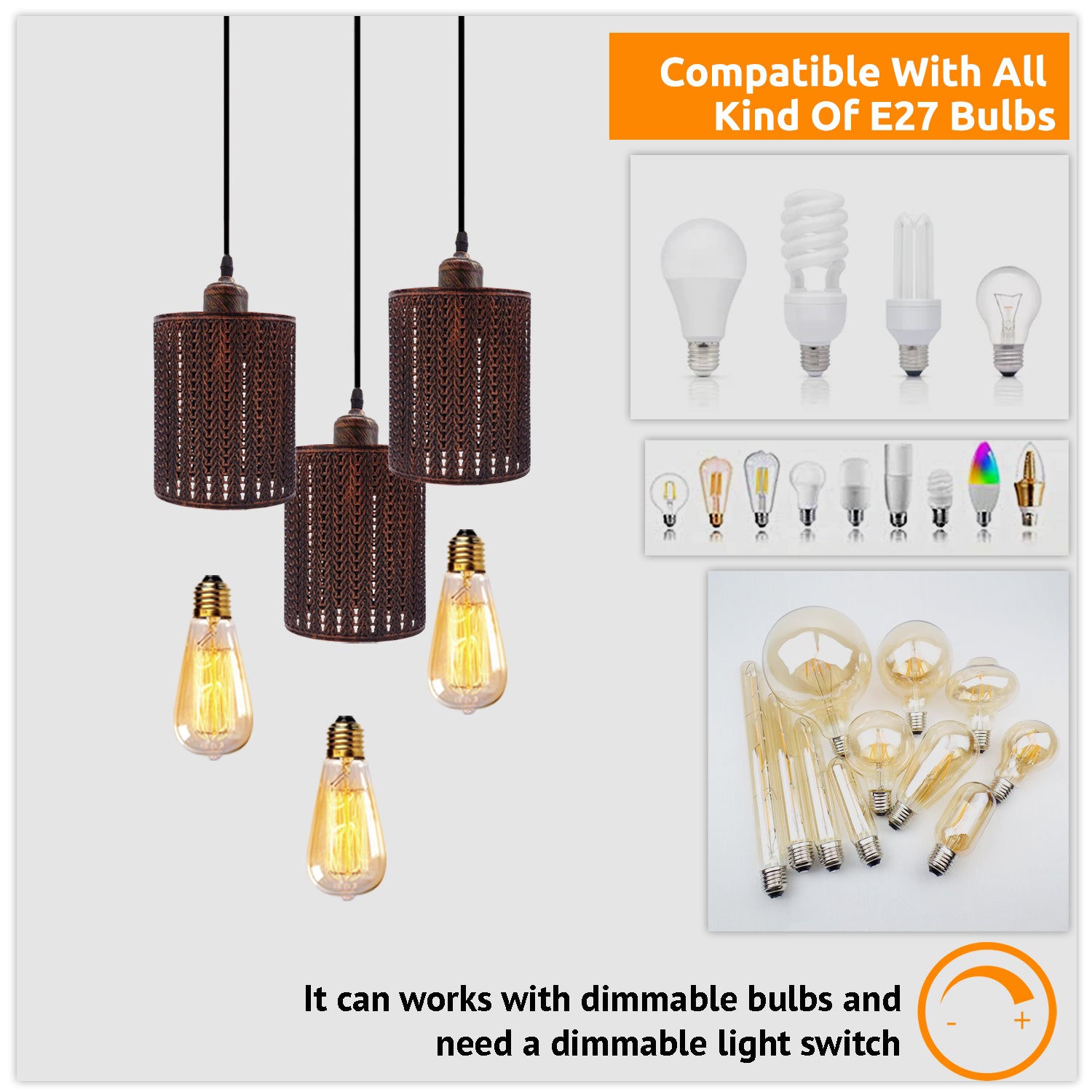 Industrial Retro pendant light 3 way Round ceiling base brushed finished Metal Ceiling Lamp Shade Pendant E27 lamp base for Home Living room Office Kitchen Restaurant