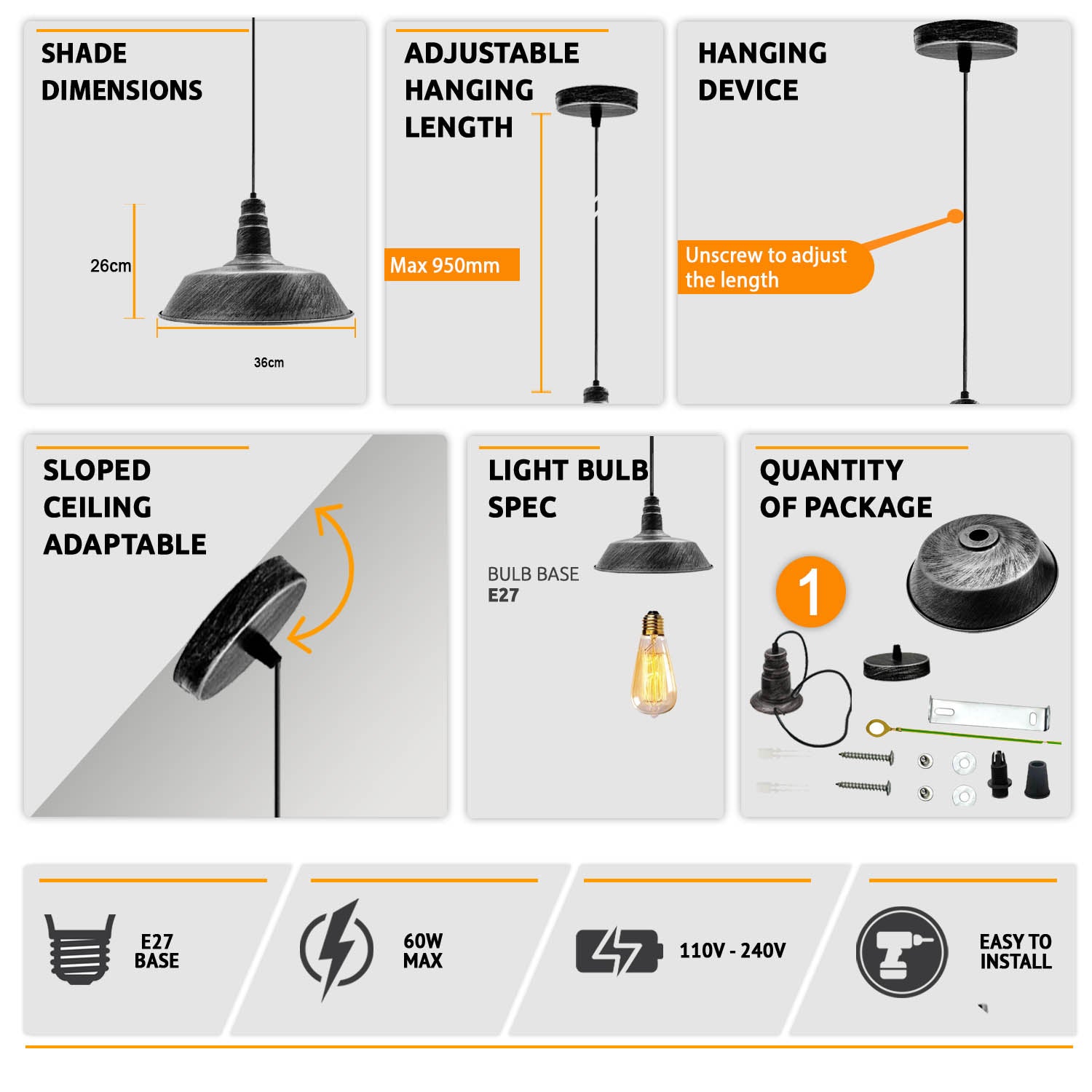 Vintage Industrial Brushed finished Retro Barn shape Metal Ceiling Lamp Shade Pendant Lights E27 lamp for Kitchen Home Living room Office Bar Restaurant