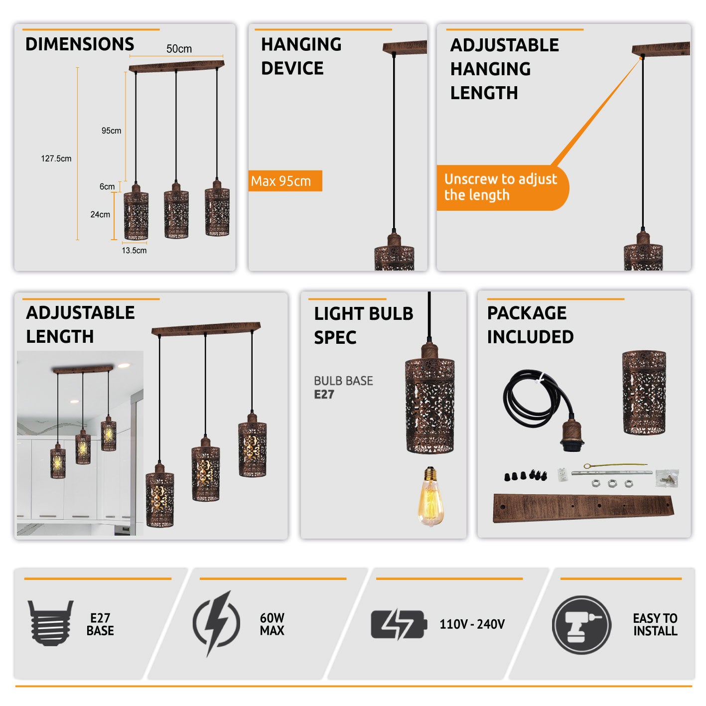Industrial Retro pendant light 3 way Rectangle ceiling base