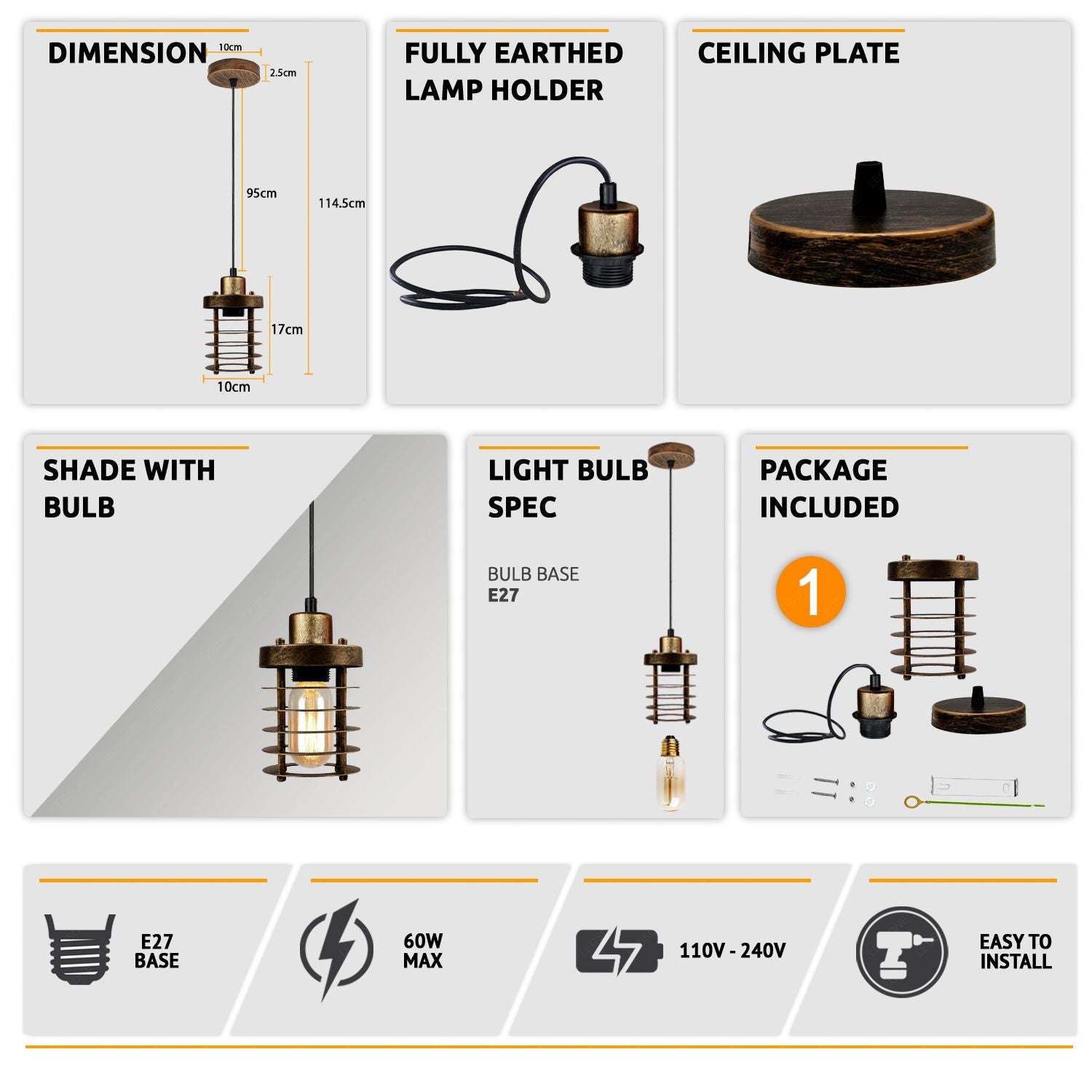 Modern Retro Step round cage pendant light round ceiling base Sturdy metal Loft Style Ceiling E27 lamp base Lamp Shade Pendant Lights for  Home Living room Office Bar Restaurant