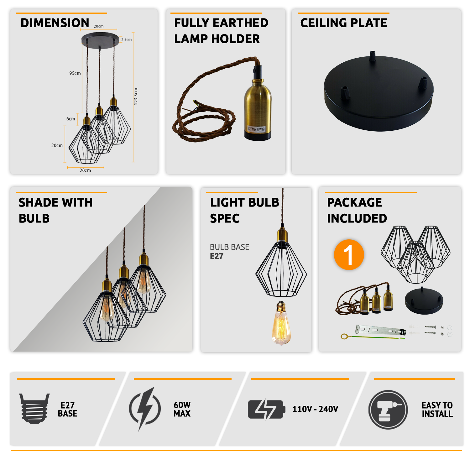 Vintage Retro Ceiling Pendant Light Fitting Wire Cage Lampshades, E27 Holder Hanging Light Kit for Indoor Area