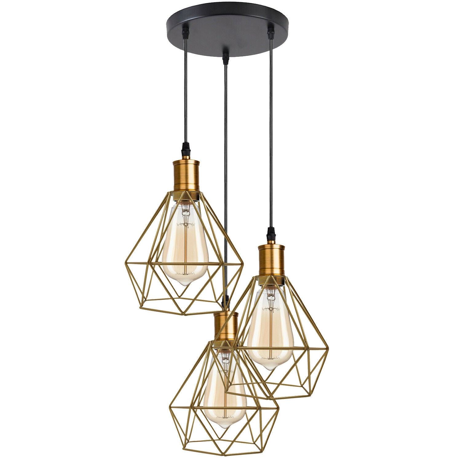 Industrial Retro style 3-Light Pendant lights Adjustable Cord with Diamond Metal Cages~1255 - LEDSone UK Ltd