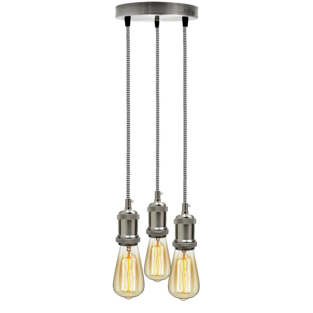Satin Nickel 3 Head Pendant Braided Fabric Flex Lamp Holder Fitting~1622 - LEDSone UK Ltd
