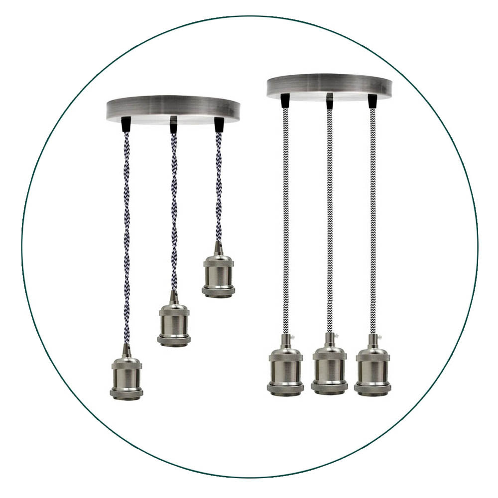 Satin Nickel 3 Head Pendant Braided Fabric Flex Lamp Holder Fitting~1622 - LEDSone UK Ltd