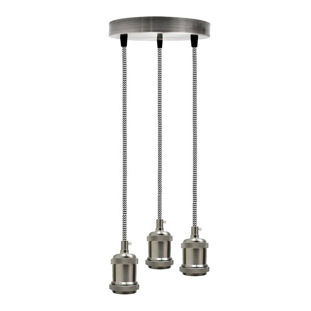Satin Nickel 3 Head Pendant Braided Fabric Flex Lamp Holder Fitting~1622 - LEDSone UK Ltd