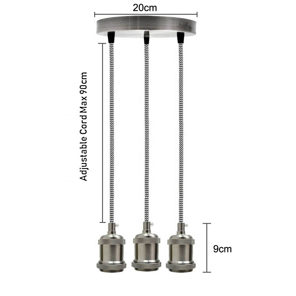Satin Nickel 3 Head Pendant Braided Fabric Flex Lamp Holder Fitting~1622 - LEDSone UK Ltd