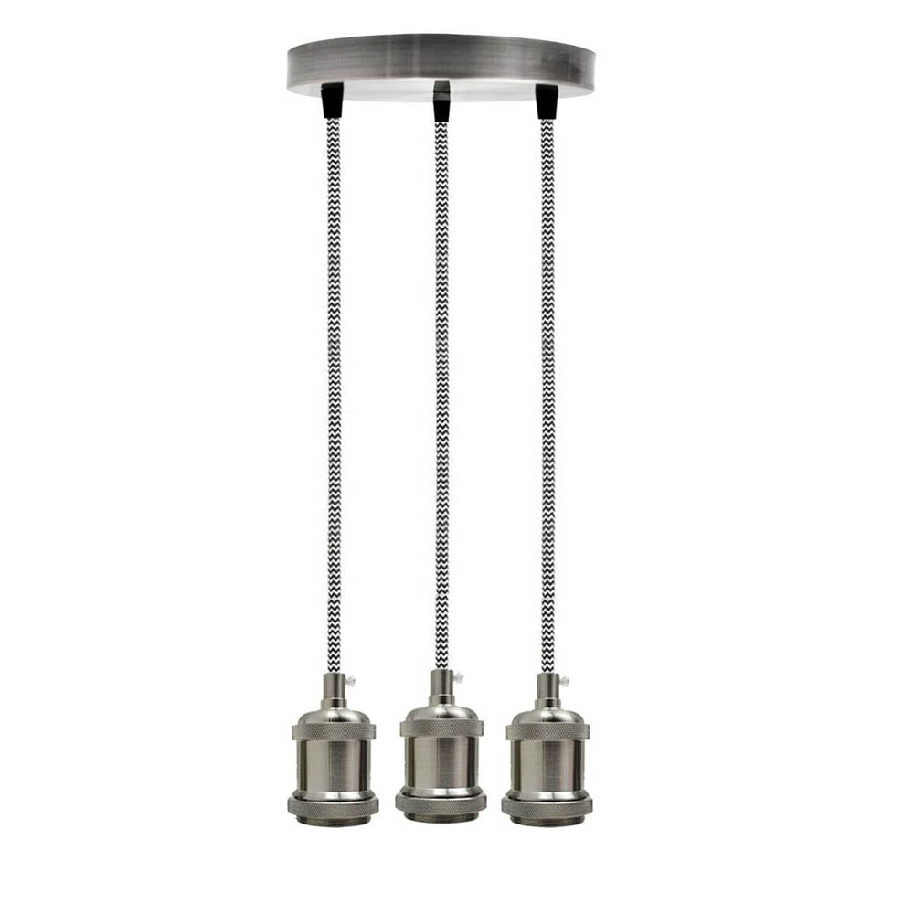 Satin Nickel 3 Head Pendant Braided Fabric Flex Lamp Holder Fitting~1622 - LEDSone UK Ltd