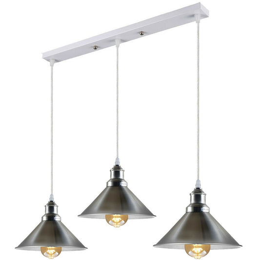Modern Industrial Satin Nickel Indoor Hanging 3 Way Ceiling Pendant Light Metal Cone Shape Shade For Bar, Bedroom, Dining Room~1178 - LEDSone UK Ltd