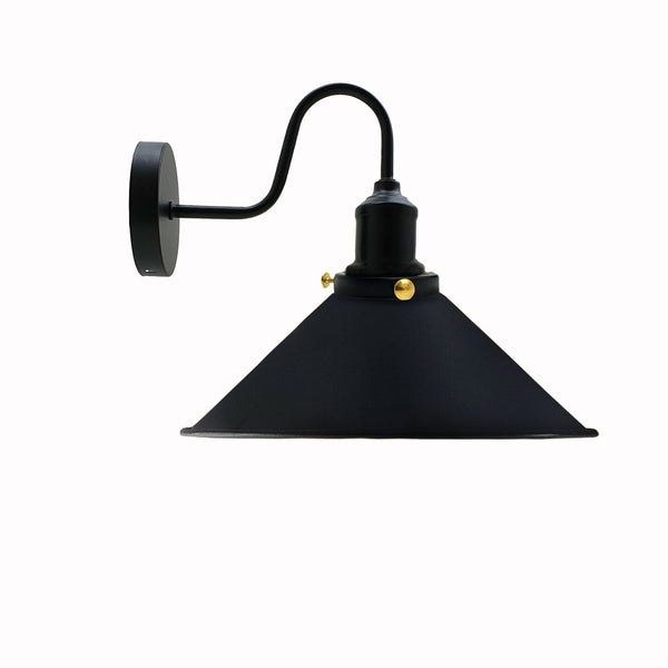 Vintage industriële wandlamp met zwanenhals, binnenverlichting, metalen kegelvormige kap~3391 – Zwart / Nee
