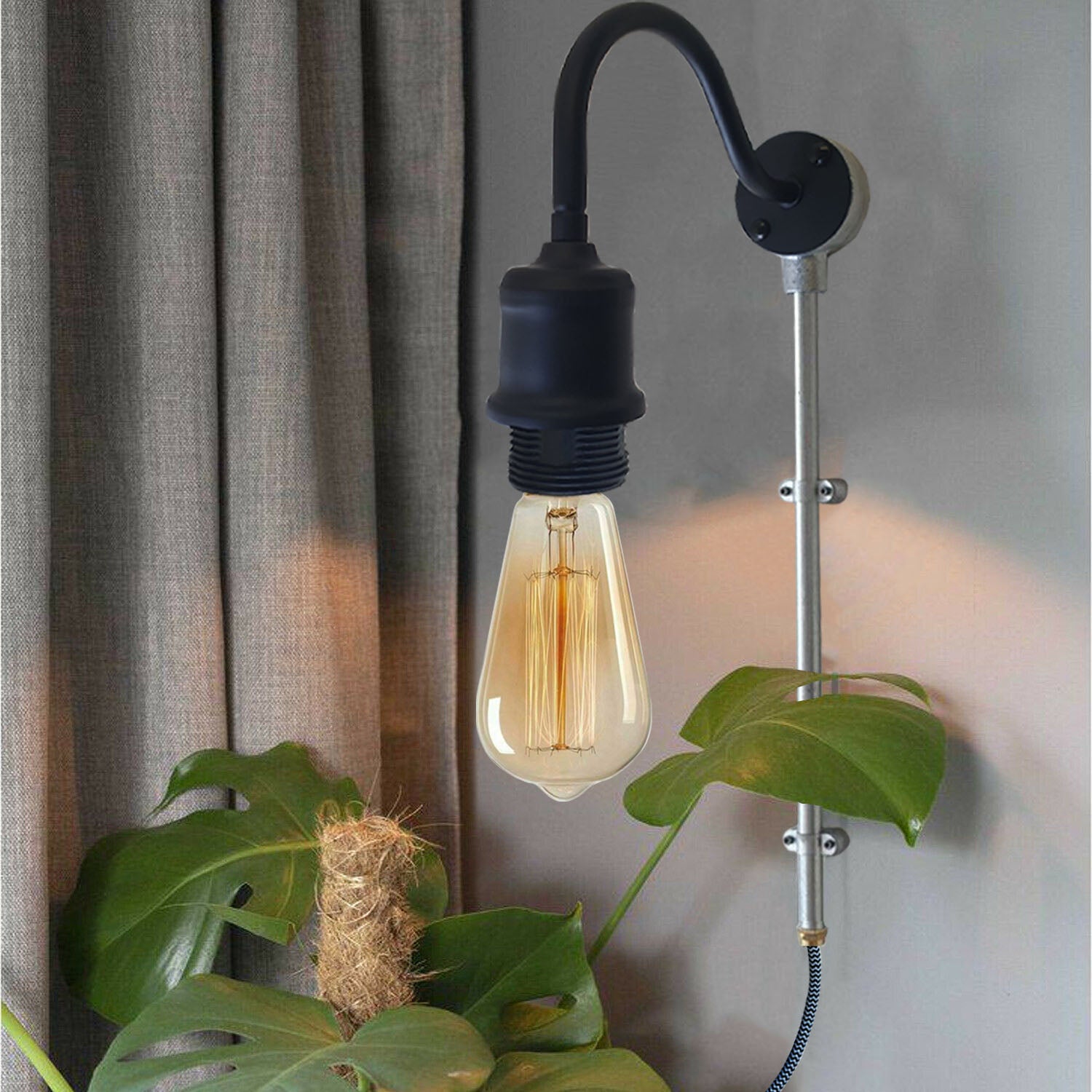 2m Plug with Dimmer Switch Fabric Flex Cable Plug In Pendant Pipe Light Set Black~1606 - LEDSone UK Ltd