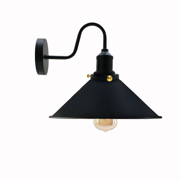 Vintage industriële wandlamp met zwanenhals, binnenverlichting, metalen kegelvormige kap~3391 – Zwart / Ja