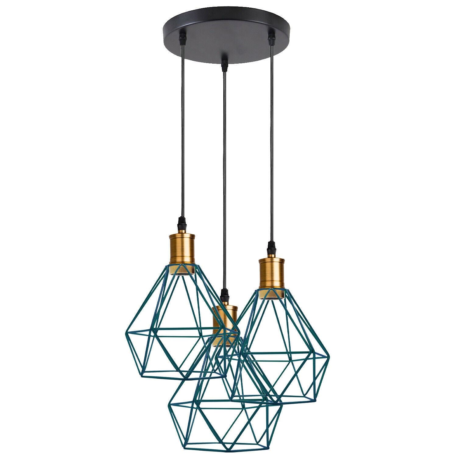Industrial Retro style 3-Light Pendant lights Adjustable Cord with Diamond Metal Cages~1255 - LEDSone UK Ltd