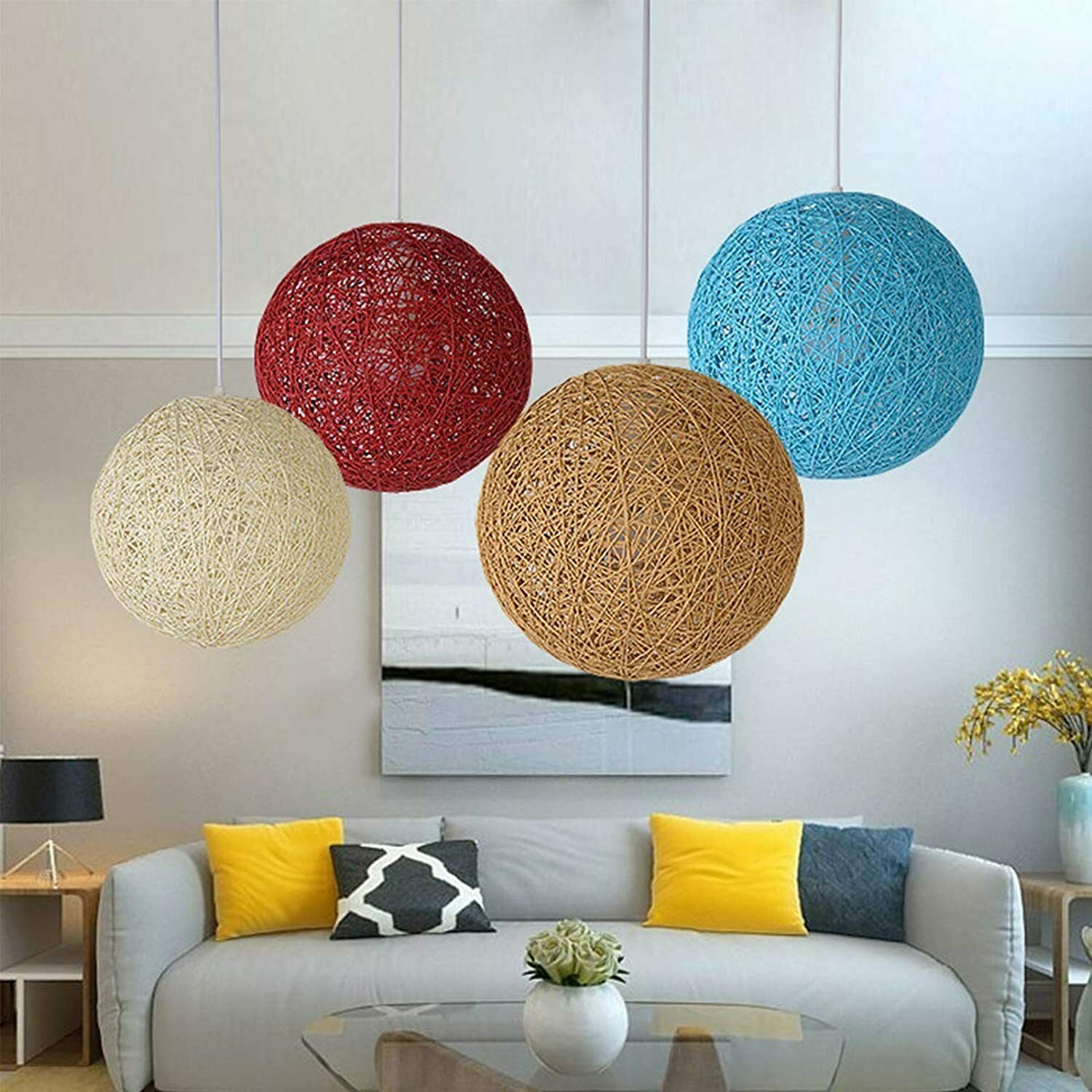 Modern Industrial Rattan Wicker Woven Ball Globe Two Outlet Pendant Light Hanging Ceiling Lamp For Bedroom, Kitchen, Study room~1331 - LEDSone UK Ltd