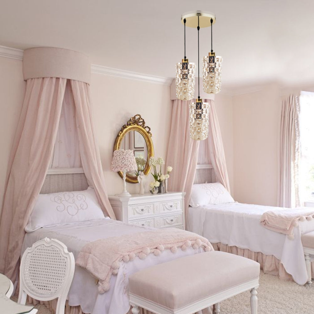 3 Outlet Pendant Ceiling E27 Crystal Glass Drum Light Shade~1608 - LEDSone UK Ltd