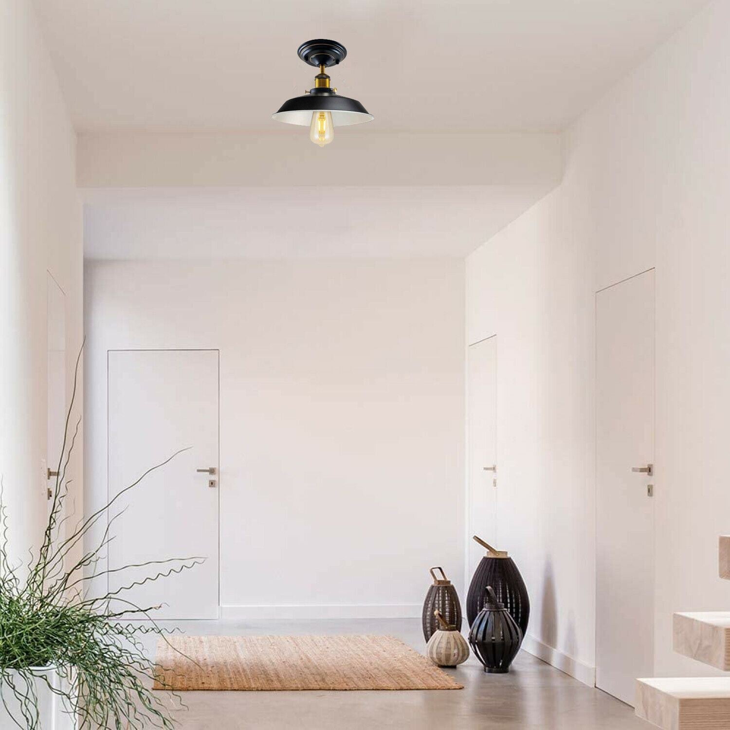 Industrial Vintage Flush Mount Ceiling Light Black Metal Bowl Lampshade Fixture Indoor Lighting