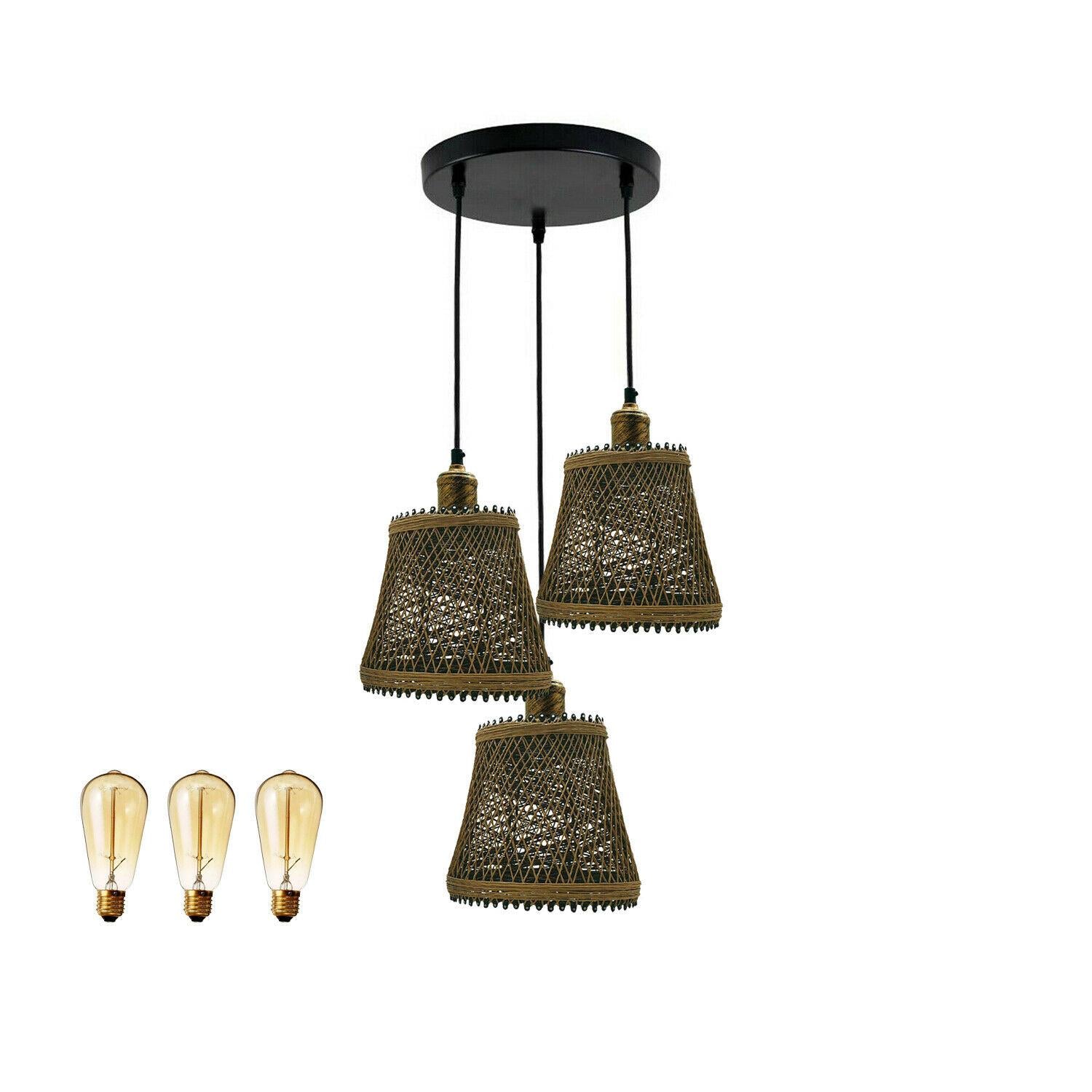 Industrial Rattan Wicker Design Chandelier Ceiling Pendant Light Brown Finish~1416 - LEDSone UK Ltd