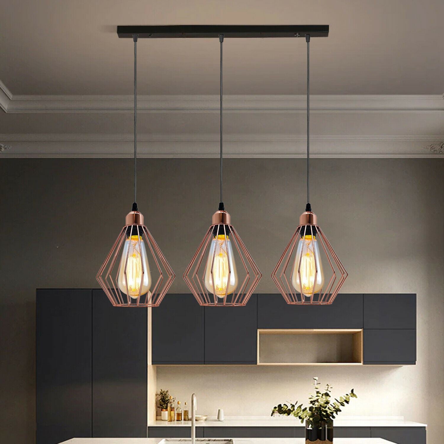 Modern Ceiling Pendant Light Cage Fitting Rose Gold Diamond 