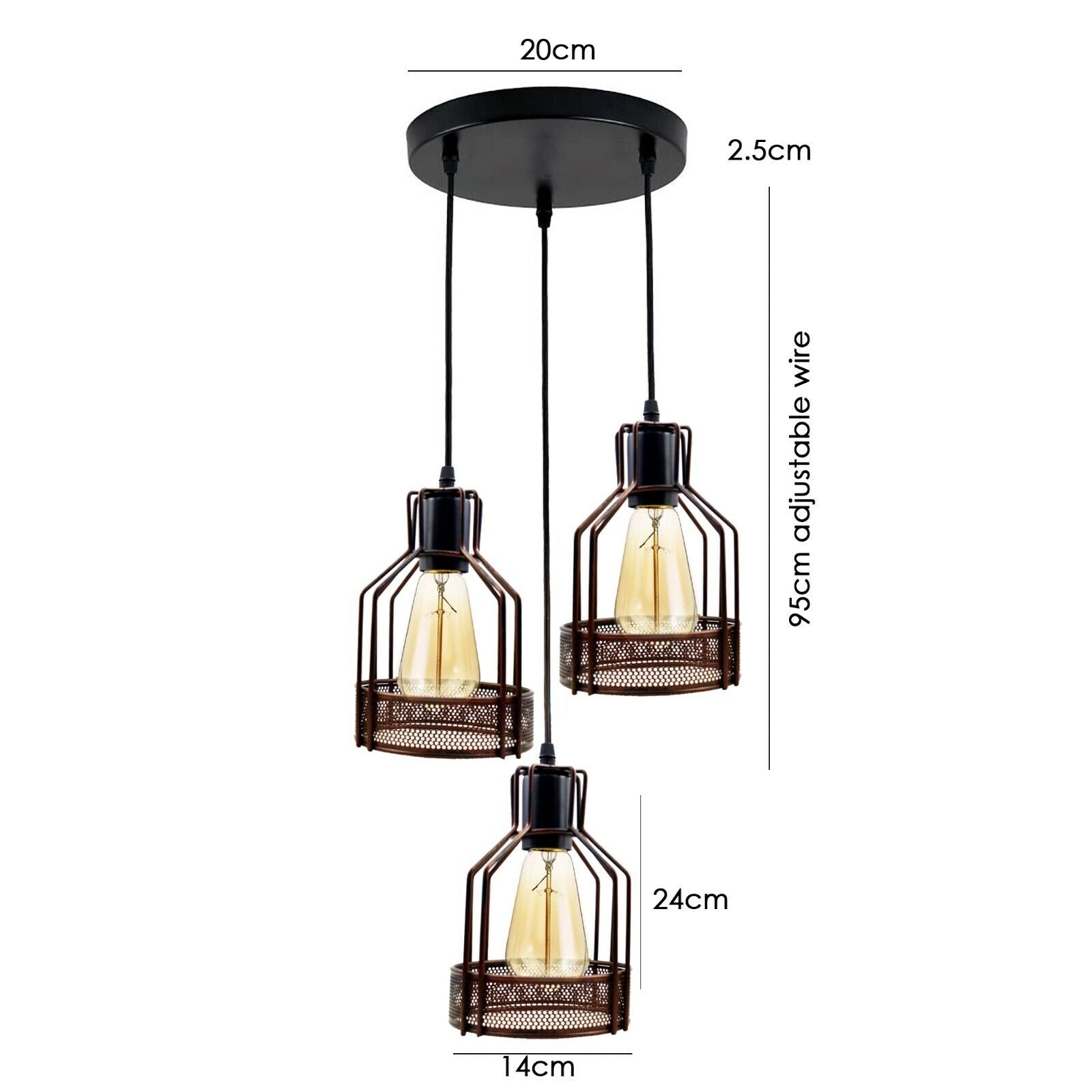 Vintage Ceiling Pendant Light Shades Metal Caged Design 3 Head Chandelier Light~4058 - LEDSone UK Ltd