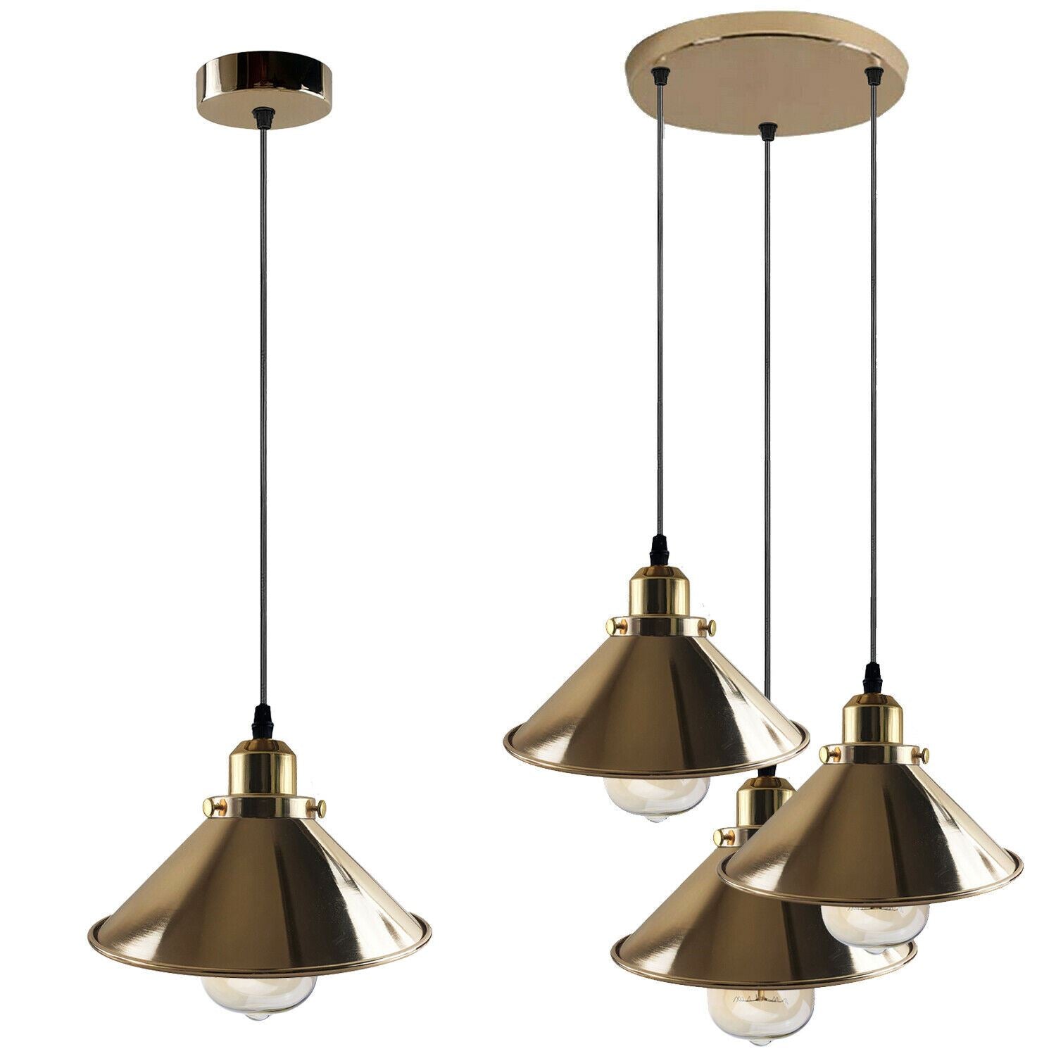 Modern Industrial French Gold Hanging Ceiling Pendant Light Metal Cone Shape Indoor Lighting For Bed Room, Kitchen, Living Room~1171 - LEDSone UK Ltd