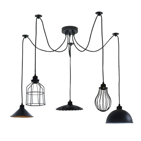 5-voudige vintage industriële plafondlamp met kap, kroonluchter en retro spinvormige hanglamp~3671