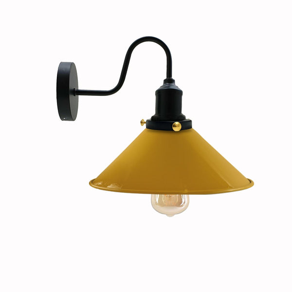 Vintage industriële wandlamp met zwanenhals, binnenverlichting, metalen kegelvormige kap~3391 – Geel / Nee