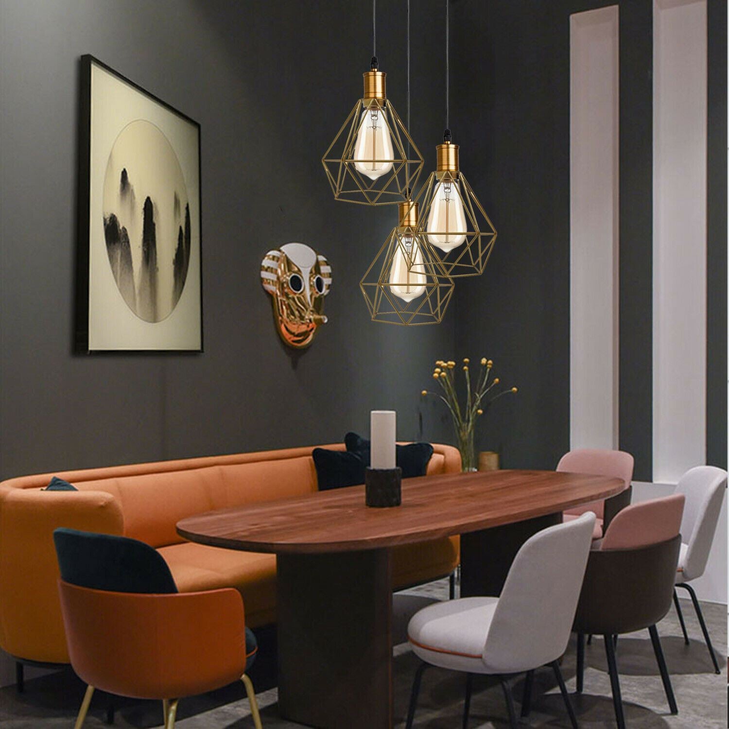 Industrial Retro style 3-Light Pendant lights Adjustable Cord with Diamond Metal Cages~1255 - LEDSone UK Ltd