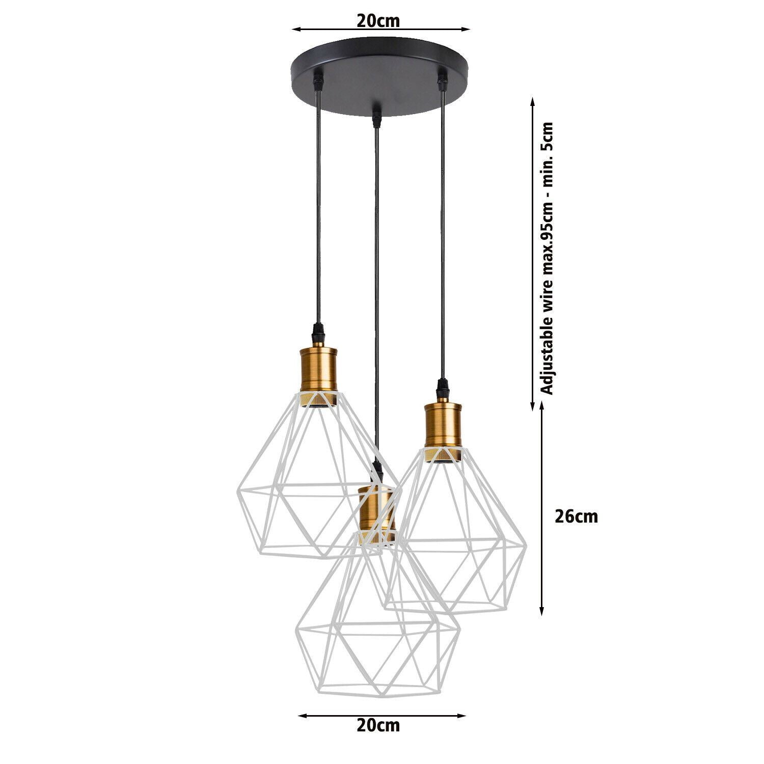 Industrial Retro style 3-Light Pendant lights Adjustable Cord with Diamond Metal Cages~1255 - LEDSone UK Ltd