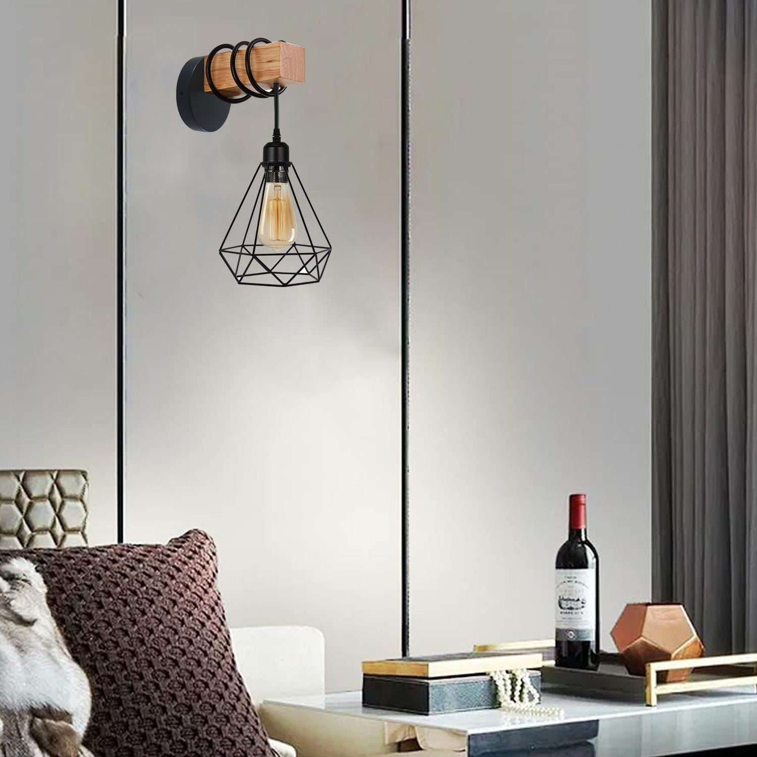 Vintage Edison Metal Wire Cage Hanging Lamp Shade Pendant Light Wood Sconce~1313 - LEDSone UK Ltd