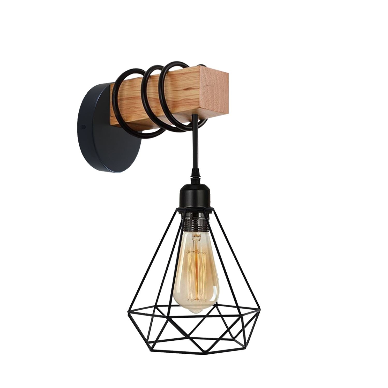 Vintage Edison Metal Wire Cage Hanging Lamp Shade Pendant Light Wood Sconce~1313 - LEDSone UK Ltd